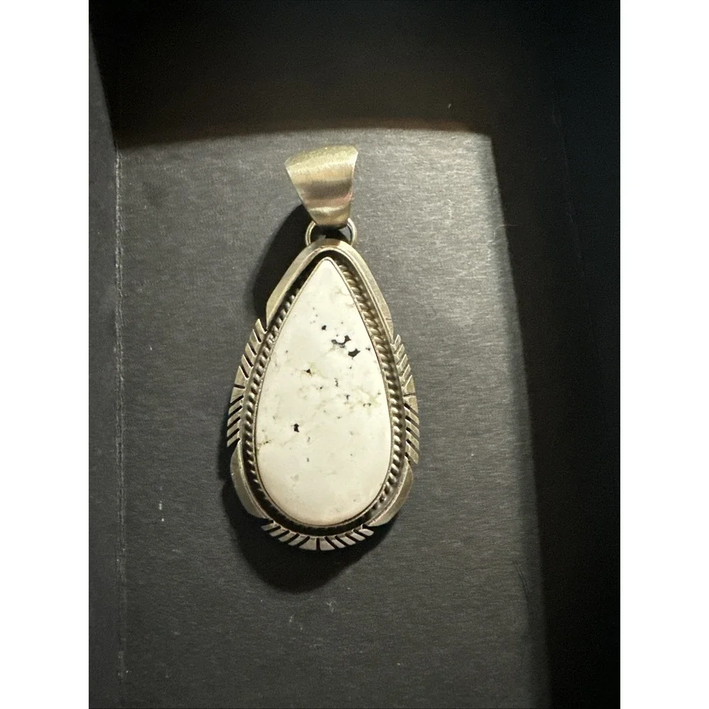 Navajo White Buffalo Turquoise Pendant By Alfred Martinez Sterling
